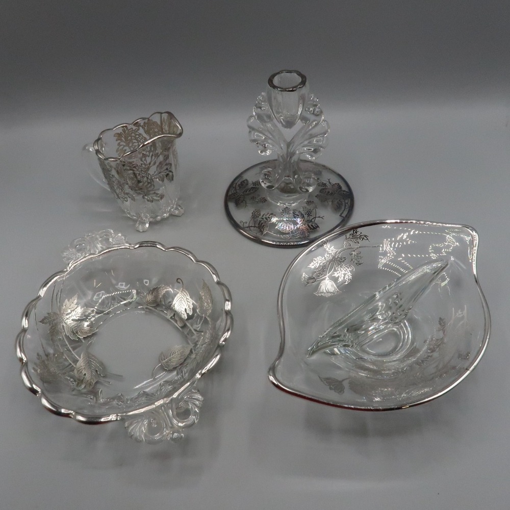 Vintage Sterling Silver overlay Glass Candy Relish Candle Stick Creamer Lot Set